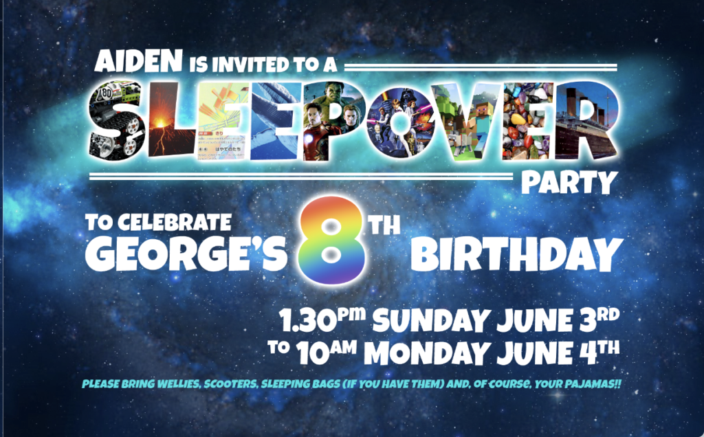 George's 8th Birthday Sleepover Invitations